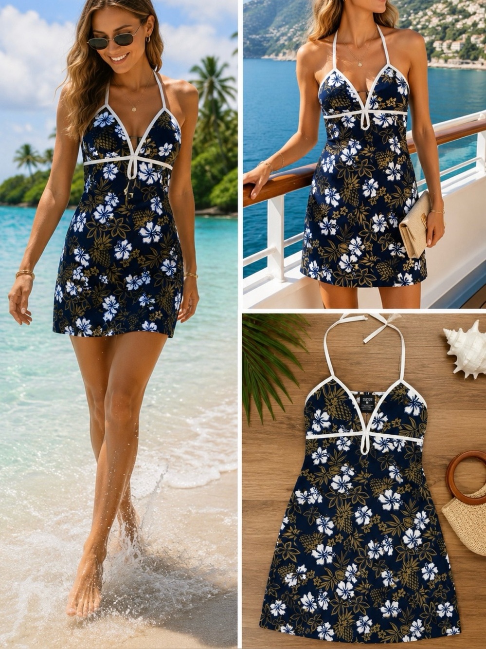 Y2K Sister Clothing Hawaiian Floral Halter Mini Dress USA Made Sz M 💚🎀
